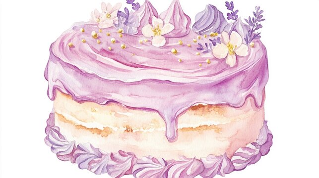 Whimsical Watercolor Birthday Cake: Pastel Pink & Lavender Frosting with Floral Decorations and Golden Sprinkles - Beautifully Blended Soft Brushstrokes on White Background in 16:9 Aspect Ratio
