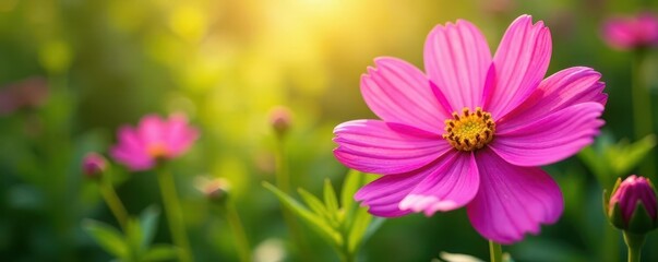 Obraz premium Cosmos flowers in full bloom, sunlight illuminating petals, green leaves backdrop , bloom, photography