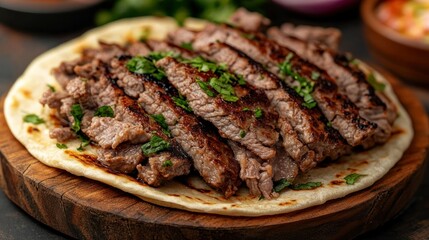 Sliced grilled beef on a flatbread.  Grilled, seasoned, and sliced beef atop a warm flatbread. Freshly chopped cilantro adds a pop of color and flavor.  Small, complementary sauces in the background