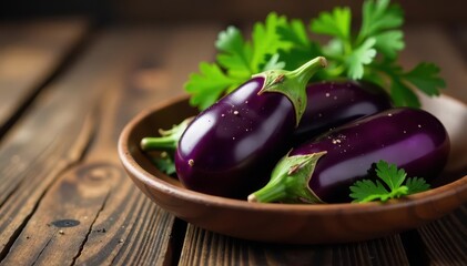Whole eggplant with parsley garnish, rustic setting , vegetarian, herb