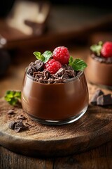 Chocolate mousse with raspberries and mint	