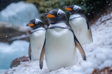 Obraz premium Exploring the icy coast with penguins in a snowy environment surrounded by icebergs