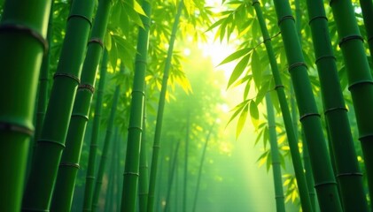 Fototapeta premium Dense bamboo stalks, dappled sunlight filters through leaves, tranquil, image, asian