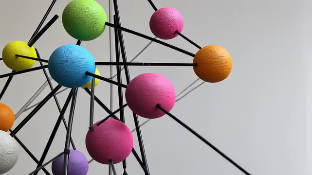 Colorful abstract model of interconnected spheres and rods against a plain background, symbolizing science