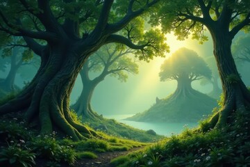 Fototapeta premium Mysterious airborne grove, island below Ancient trees, misty air , tranquil, scenery, mysterious