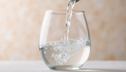Drinking water for weight loss being poured into transparent glass on neutral background