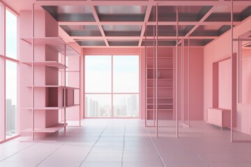 Pink Dreamscape Interior: An airy, modern interior space with a captivating pink monochromatic color scheme. The room boasts architectural shelving, grid ceiling, and panoramic city views. 
