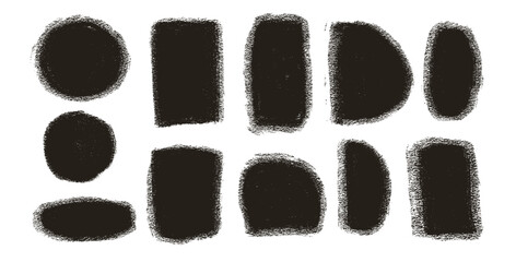 Linocut rough geometric shapes set. Circle, ellipse, rectangle text boxes. Abstract japandi decor. Vector geometry grafitti spray shapes. Hand drawn collection illustration on white background.