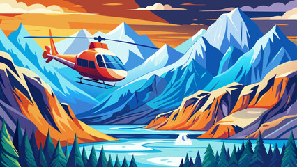 A helicopter flying on a sunny day in glacier covered mountains © ehsanollah