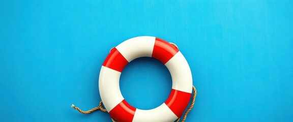 Classic red and white striped life preserver on textured blue paper, red, buoy