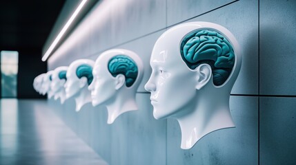 Row of humanoid robot heads with exposed brain structures, mounted on a sleek wall in a futuristic setting. Artificial intelligence and robotics concept.