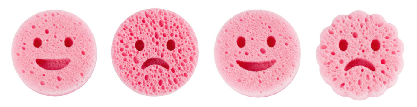 Sponge PNG, cut out, isolated. Pink smiley faced, warm and cold water, firm, hard, soft sponges washing dishes, transparent backround, kitchen graphic resource