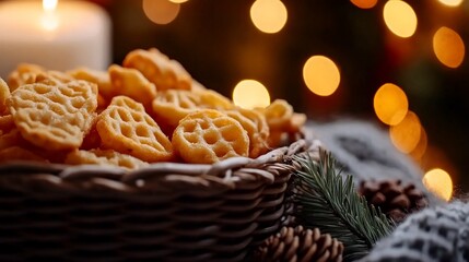 A Festive Basket of Rosettes Cookies with Glowing Bokeh Background