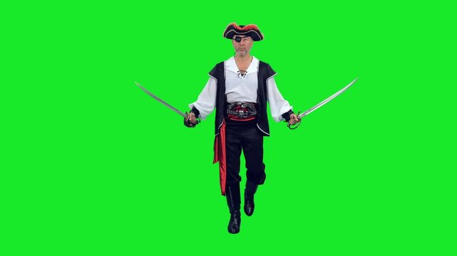 Cinematic style of rugged pirate with an eye patch walking with swords on green chroma key background, 4k pre-keyed footage
