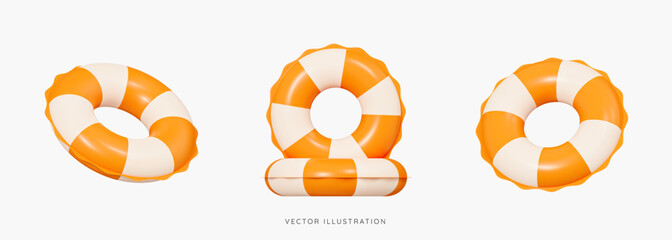 3D Inflatable swimming ring in orange icon set. Rubber pool toy. Swim lifesaver. Summer time objects. Travel and vacation. Cartoon design icons isolated on white background. 3D Vector illustration