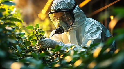 Scientist in protective gear examining plants in a greenhouse with warm lighting and foliage