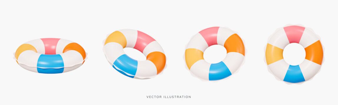 3D Inflatable swimming ring in different angles icon set. Rubber pool toy. Swim lifesaver. Summer time objects. Travel and vacation. Cartoon design icons isolated on white. 3D Vector illustration
