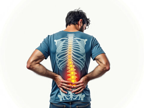 Diagrama médico de la columna vertebral con vértebras resaltadas, hombre agarrándose la espalda, sufriendo un dolor intenso