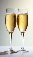 Champagne flutes filled to the brim, bubbles rising , bar, event, elegant