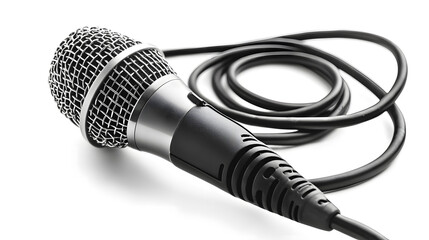 Close-Up of Wired Microphone with Black Cable on white background