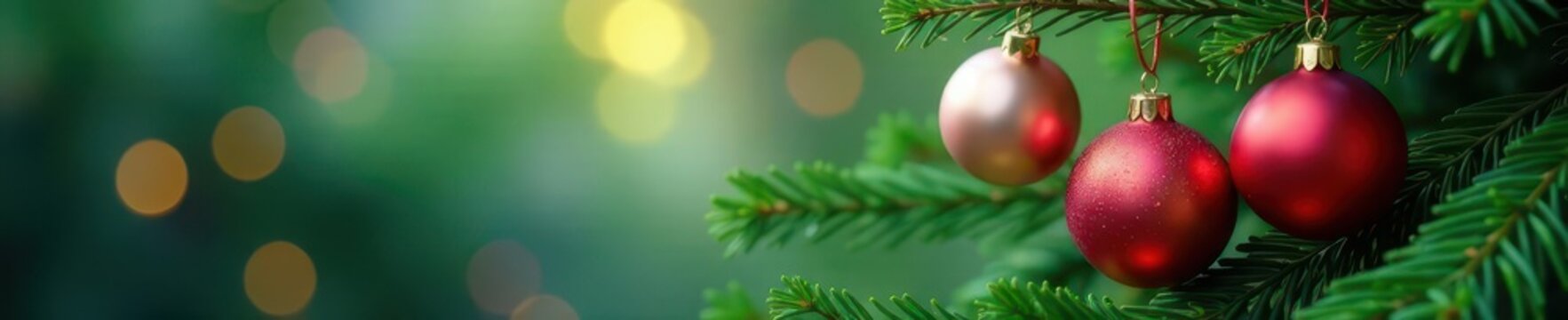 Elegant evergreen branches, three colorful baubles, soft bokeh, blur, christmas