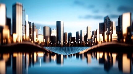 Obraz premium Modern cityscape at twilight, with skyscrapers and reflections on calm water.