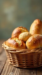 Warm, inviting assortment of breads in a charming wicker basket , food photography, bun