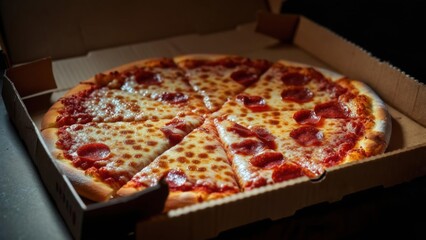 Freshly baked pepperoni pizza in a takeout box ready for sharing with friends