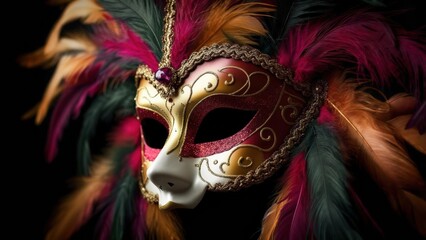 Colorful masquerade mask with feathers displayed against a dark background