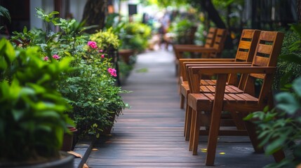 Obraz premium Wooden chairs are placed in the outdoor garden for people to sit and relax.