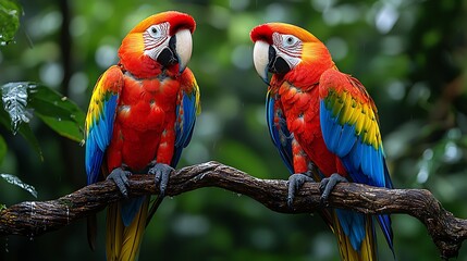 Pair of vibrant macaws on vine high resolution picture