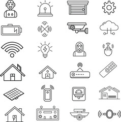 Comprehensive Set of 24 Outline Icons Representing Smart House
