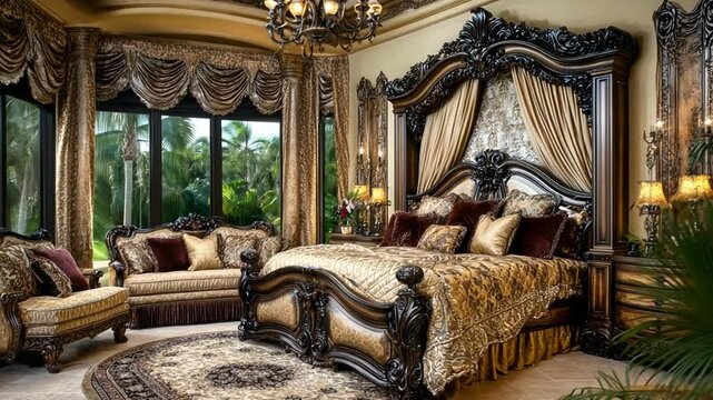 Luxurious master bedroom with ornate bed, seating, and drapery.