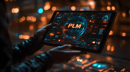 A futuristic cyber-tech workspace illuminated by ambient blue lights, featuring a high-tech holographic interface displaying 'PLM' with a glowing digital globe, as a person in a sleek black jacket int