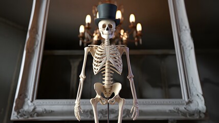 Skeleton wearing a top hat in an elegant room with chandeliers showcasing a whimsical Halloween decoration theme