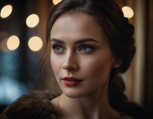 Elegant features of a Russian beauty glow softly in a warm cafe, illuminated by gentle lights. Her contemplative expression captures the essence of evening serenity Generative AI