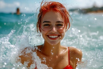 Bright Ñommercial style. Attractive happy and sexy young woman with gorgeous thick short multi-color hair in red strapless bandeau enjoying turquoise sea, splashes around her.