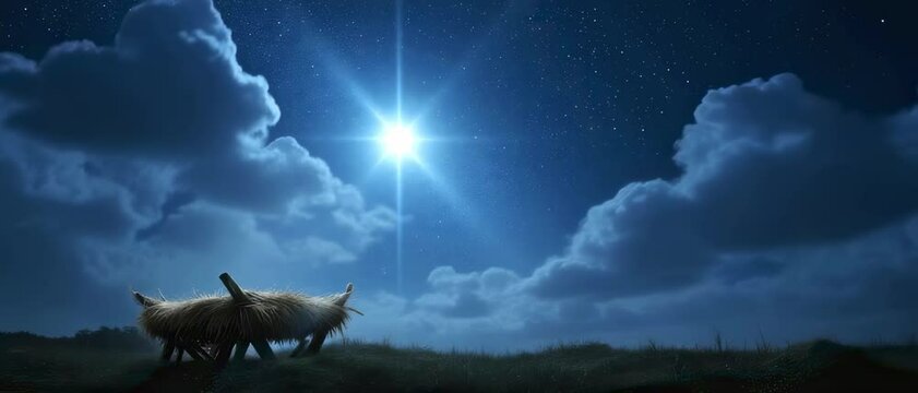 Christmas Nativity Scene 4K Video. Empty Manger Under Starry Night Sky. Christian Religious Background, Birth of Jesus, Hope and Faith Concept. Animation, Motion Graphics, Video Footage.