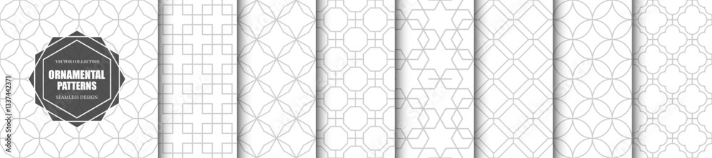 Poster collection of seamless decorative monochrome patterns - geometric ornamental design. repeatable gray