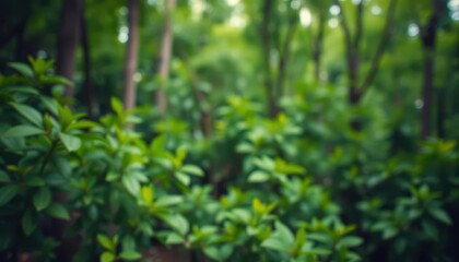 Obraz premium Abstract green foliage, blurred, soft focus, lush, unfocused forest background, woodland, scene