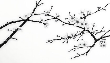 Obraz premium Blooming Cherry Blossoms on Branch Against White Background in Monochrome