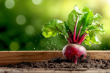 A vibrant organic beet just pulled from the ground, its earthy skin revealing a rich texture. Surrounding greenery and rustic wood enhance the farm-fresh appeal, celebrating nature's bounty