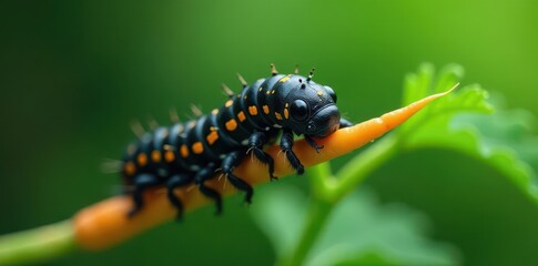 Black swallowtail caterpillar, rain, carrot stem , macro, spring