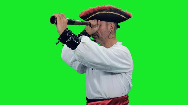 Cinematic style of pirate captain with an eye patch gazing into far horizon through telescope on green chroma key background, 4k pre-keyed footage