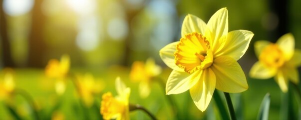 Obraz premium Close-up daffodil cluster, sunny day, shallow depth of field, botany, floral background