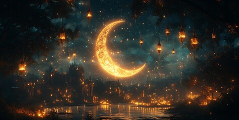 Glowing Crescent Moon Over Waterway with Floating Lanterns and Starry Night Sky

