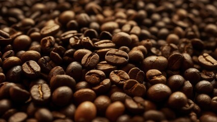 Obraz premium Dark roasted coffee beans scattered across a wooden surface in warm light