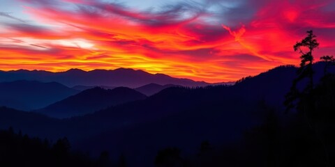 Obraz premium Fiery hues paint the Smoky Mountains at sunset, silhouettes of trees against a vibrant sky, magical, valley