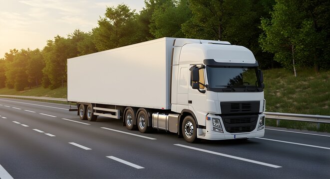 Large White Semi Truck with Trailer Traveling on a Highway Amidst Lush Green Trees