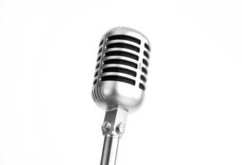 Fototapeta premium Sleek silver microphone isolated on pure white, broadcast, sharp